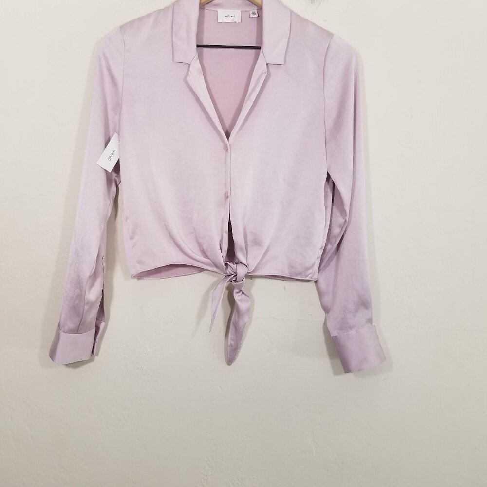 NWT Wilfred Satin Tie-Front Long Sleeve Top Blouse Shirt Size 2XS